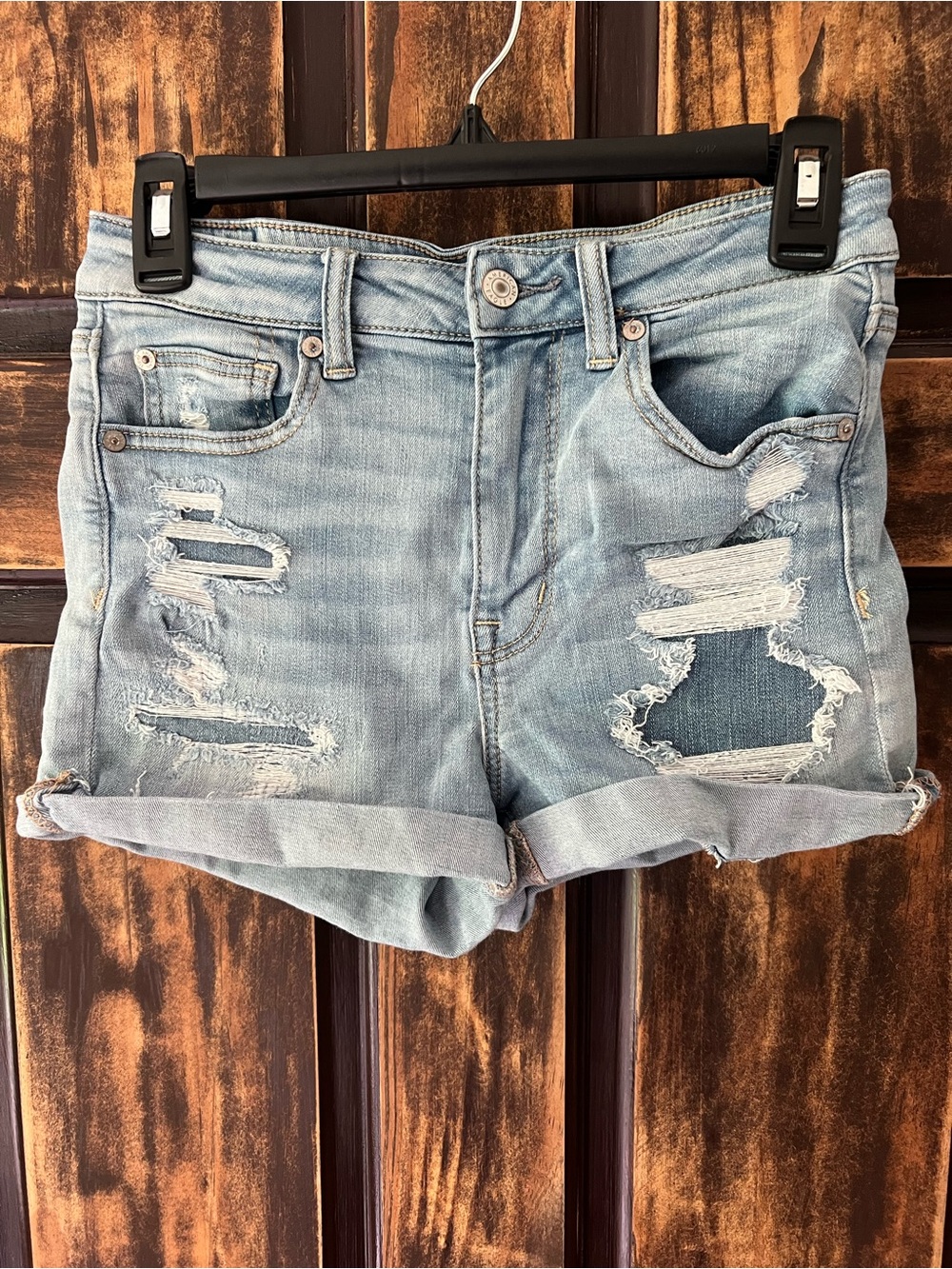 American Eagle Outfitters Light Blue Ripped Denim Roll-Hem Shorts